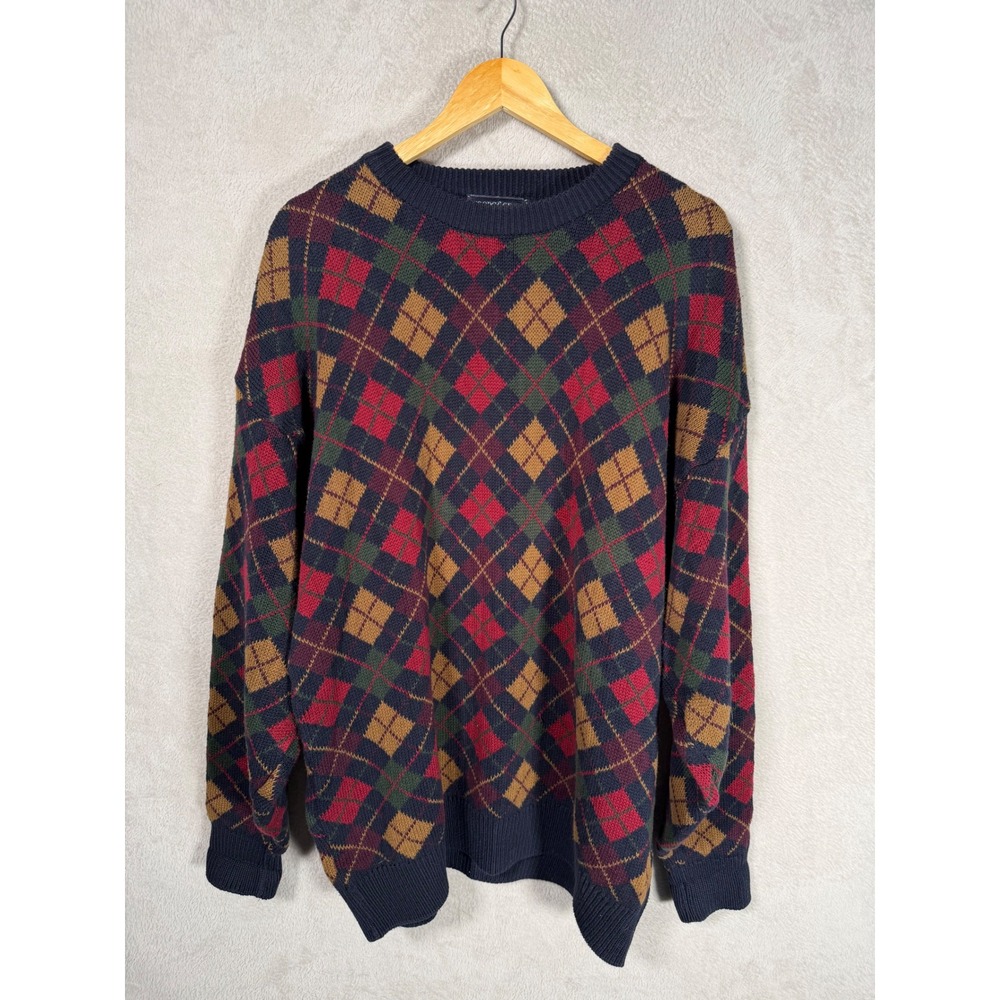 VTG Woods & Gray Mens XL Argyle Cotton Knit Sweater Navy Red Green Gold Pullover